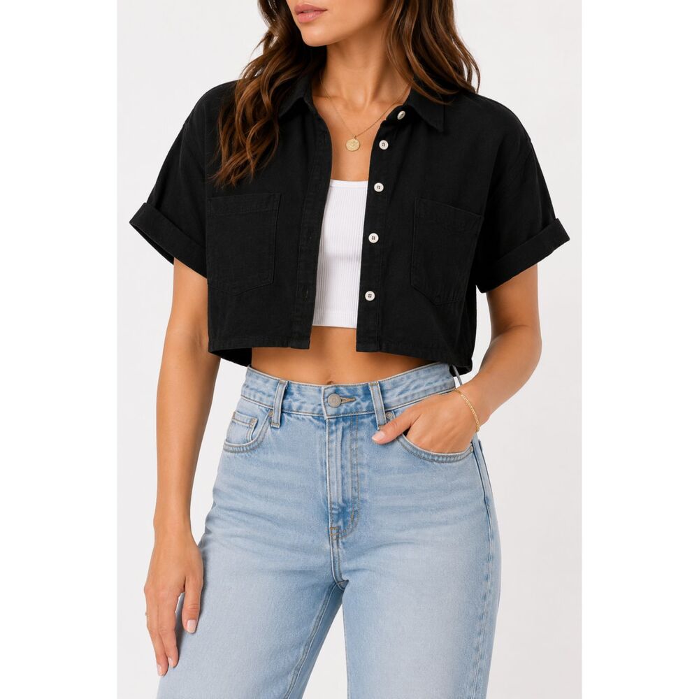 HYFVE Black Cropped Button Up Shirt Women's Large Casual Chic Top